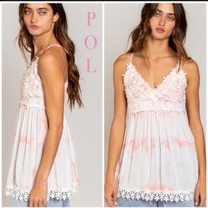 New: POL Beachside Cafe Floral Lace Tie Dye Feminine Babydoll Tank Top• Small
